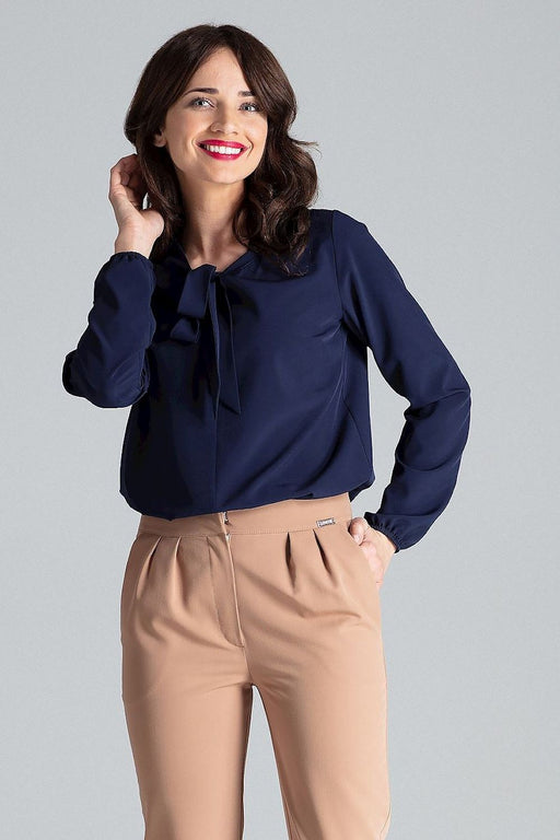 Elegant Tie-Neck Blouse with Elastic Sleeve Detail