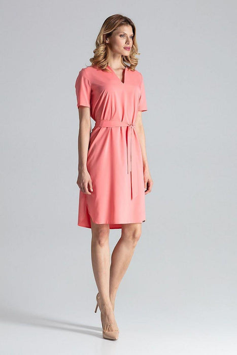 Elegant Midi Dress with Adjustable Waist Tie and Serek Neckline