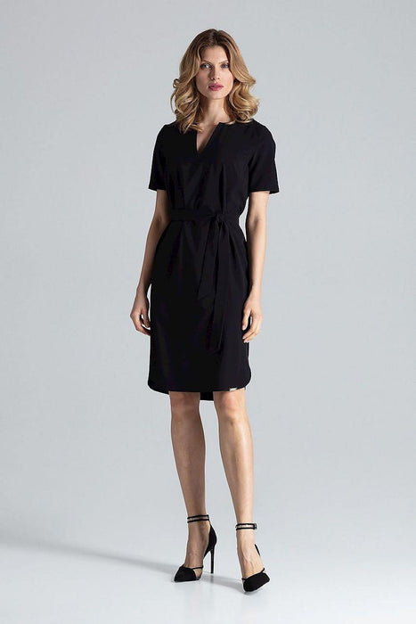 Elegant Midi Dress with Adjustable Waist Tie and Serek Neckline