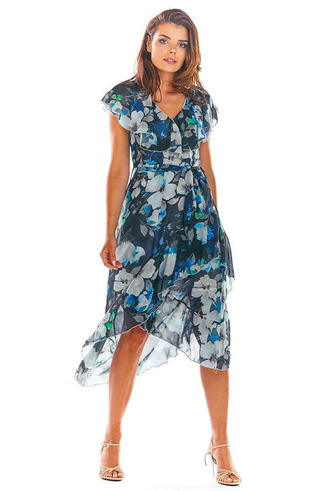 Floral Chiffon Cocktail Dress with Asymmetrical Elegance