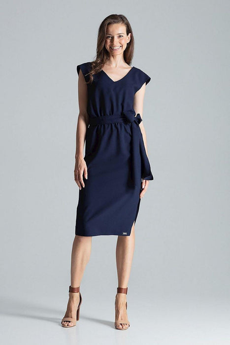 Chic Navy Blue V-Neck Midi Dress with Sensational Side Slit