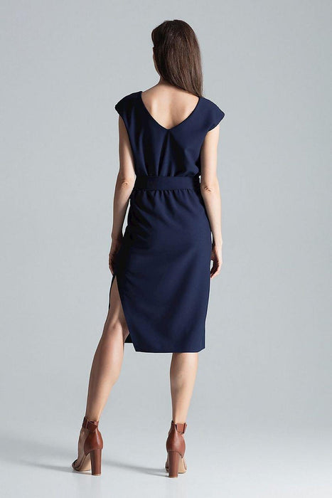 Chic Navy Blue V-Neck Midi Dress with Sensational Side Slit