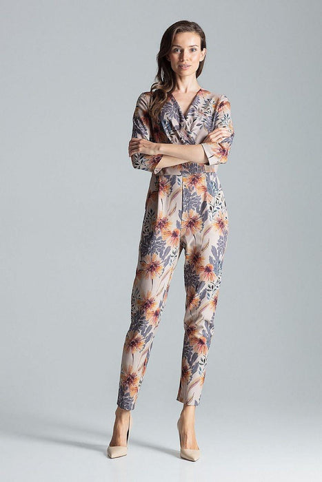 Stylish Printed Jumpsuit with Sophisticated Wrap Neckline and Fitted Waist