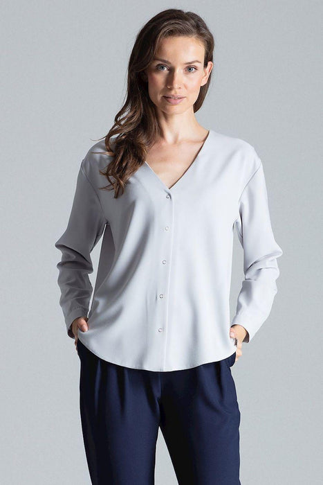 Chic Collarless V-Neck Long Sleeve Shirt with Stylish Snap Buttons and Unique Print