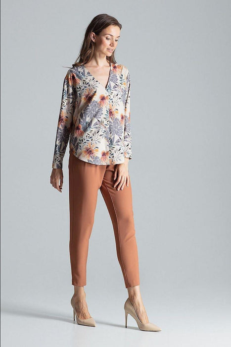 Chic Collarless V-Neck Long Sleeve Shirt with Stylish Snap Buttons and Unique Print