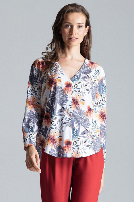 Chic Collarless V-Neck Long Sleeve Shirt with Stylish Snap Buttons and Unique Print