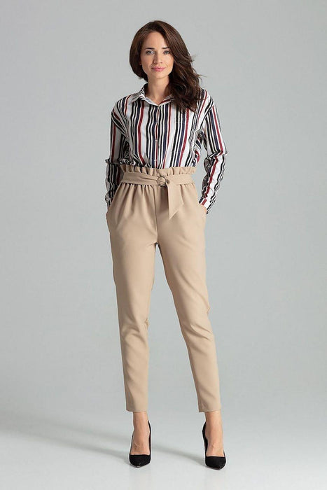 Chic Beige Trousers with Glamorous Golden Buckle - Comfortable Style