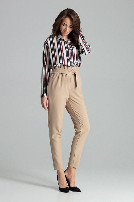 Chic Beige Trousers with Glamorous Golden Buckle - Comfortable Style