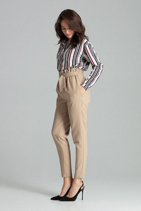 Chic Beige Trousers with Glamorous Golden Buckle - Comfortable Style