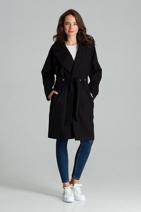 Chic Black Overcoat with Fashionable Waistbelt and Wide Lapels