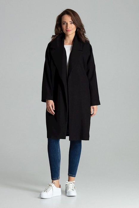 Chic Black Overcoat with Fashionable Waistbelt and Wide Lapels