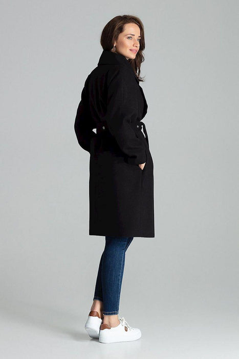 Chic Black Overcoat with Fashionable Waistbelt and Wide Lapels