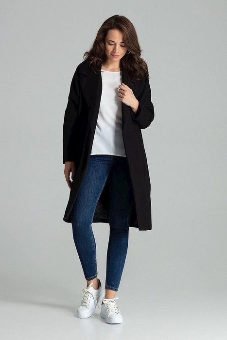 Chic Black Overcoat with Fashionable Waistbelt and Wide Lapels