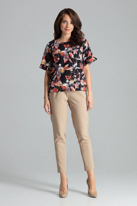 Floral Frill Sleeve Blouse with Elegant Emblem