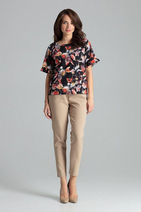 Floral Frill Sleeve Blouse with Elegant Emblem