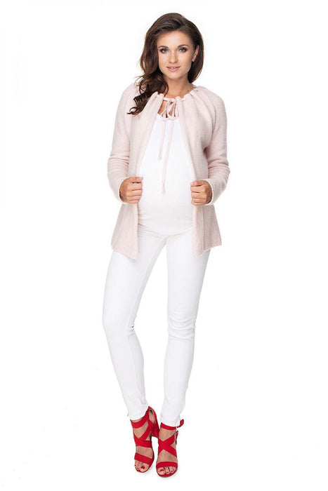 Elegant Tie-Neck Maternity Cardigan in Soft Acrylic Blend