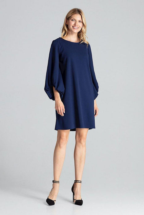 Elegant Navy Blue Midi Dress with Stylish Buffet Sleeves for Effortless Chic