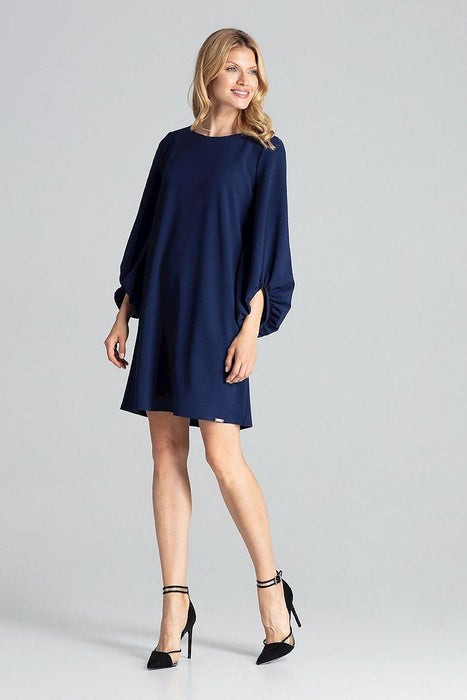 Elegant Navy Blue Midi Dress with Stylish Buffet Sleeves for Effortless Chic