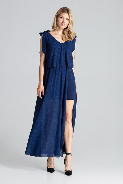 Elegant Navy Blue Sleeveless Cocktail Dress with Feminine Shoulder Ties