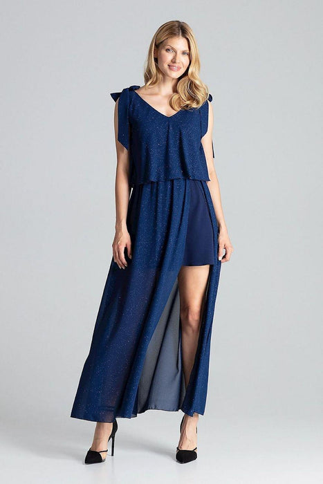 Elegant Navy Blue Sleeveless Cocktail Dress with Feminine Shoulder Ties