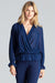 Elegant Navy Blue Brocade Blouse with Envelope Neckline and Elastic Waist