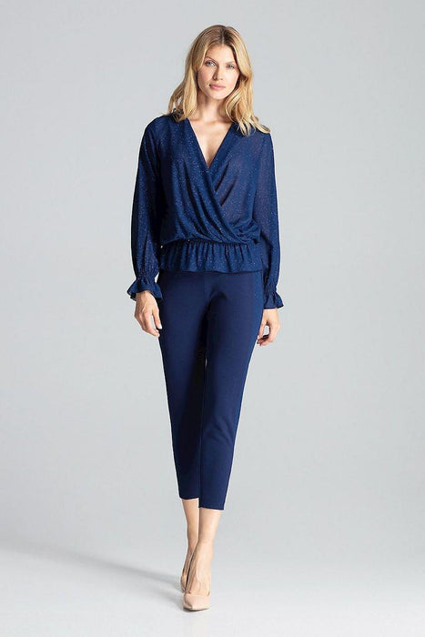 Elegant Navy Blue Brocade Blouse with Envelope Neckline and Elastic Waist