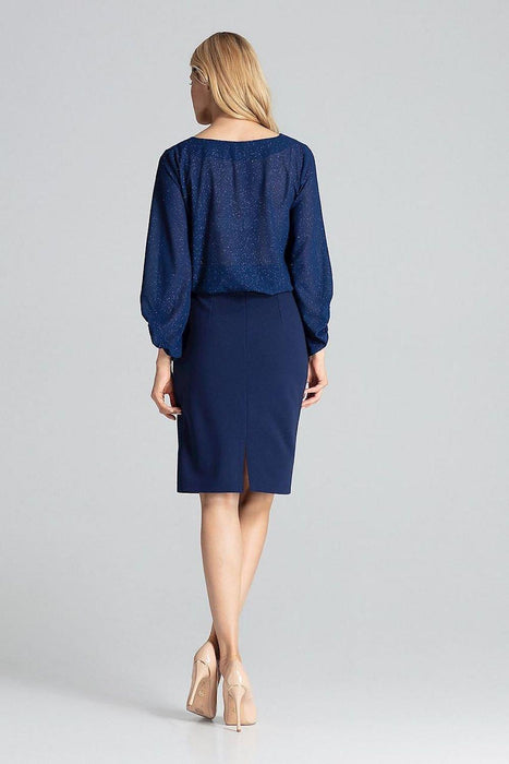 Chic Navy Blue Midi Pencil Skirt with Exquisite Brocade Accents