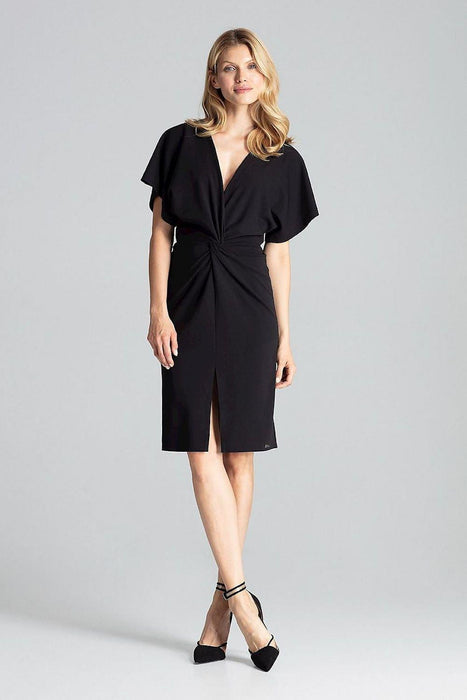 Elegant Navy Blue Midi Dress with Kimono Sleeves and Alluring Envelope Neckline