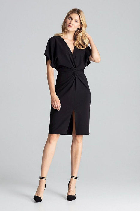 Elegant Navy Blue Midi Dress with Kimono Sleeves and Alluring Envelope Neckline