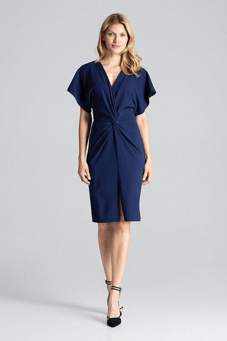 Elegant Navy Blue Midi Dress with Kimono Sleeves and Alluring Envelope Neckline