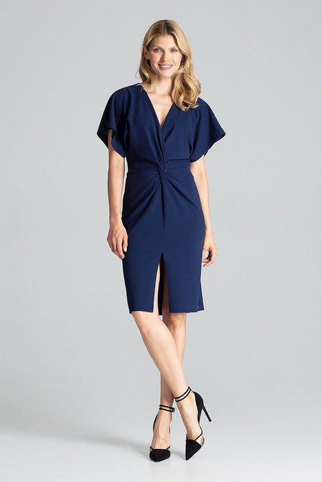 Elegant Navy Blue Midi Dress with Kimono Sleeves and Alluring Envelope Neckline