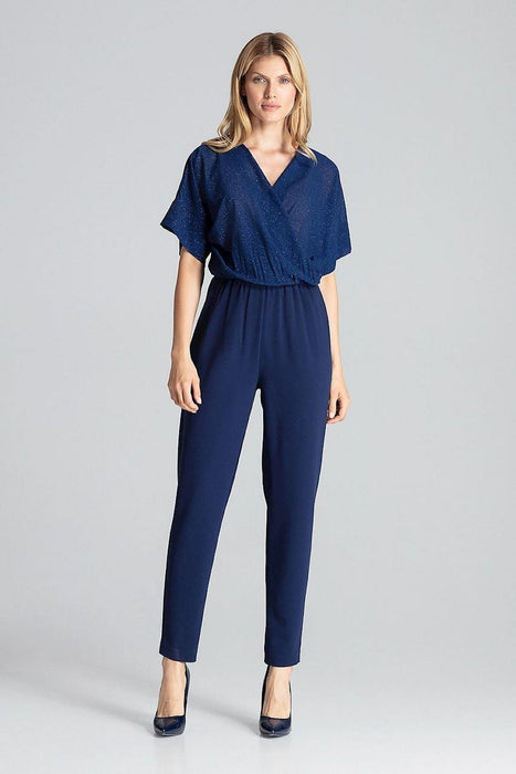 Chic Navy Blue Brocade Jumpsuit with Stylish Design