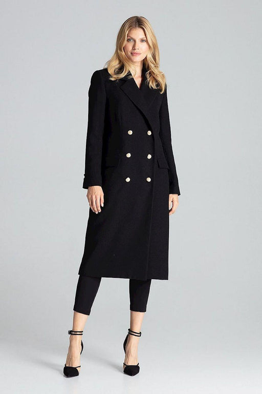 Navy Blue Chic: Elegant Double-Breasted Coat with Golden Accents