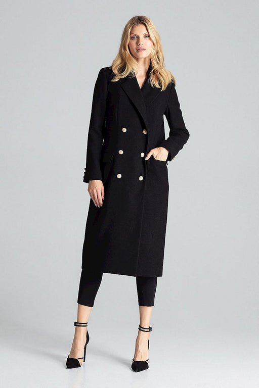 Navy Blue Chic: Elegant Double-Breasted Coat with Golden Accents