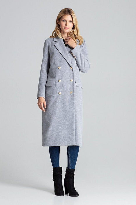 Navy Blue Chic: Elegant Double-Breasted Coat with Golden Accents