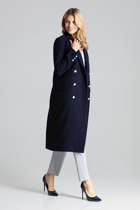 Navy Blue Chic: Elegant Double-Breasted Coat with Golden Accents