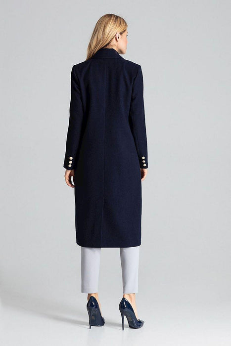 Navy Blue Chic: Elegant Double-Breasted Coat with Golden Accents