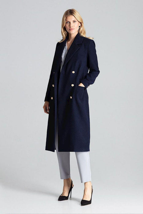 Navy Blue Chic: Elegant Double-Breasted Coat with Golden Accents