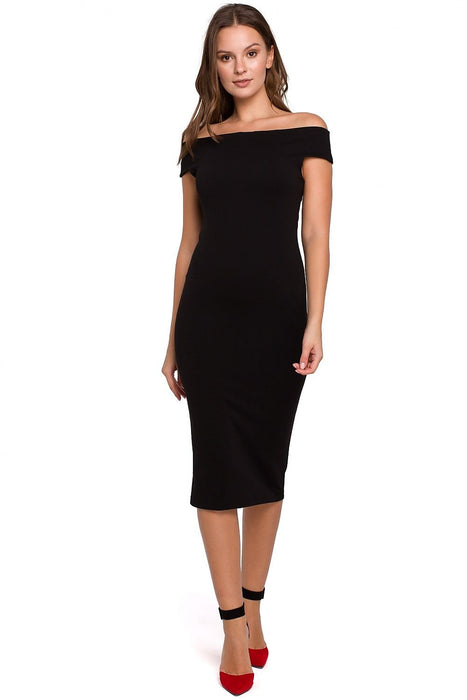 Elegant Off-Shoulder Midi Dress in Stretch Knit Fabric