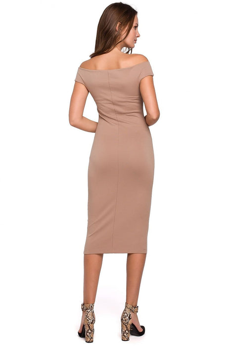 Elegant Off-Shoulder Midi Dress in Stretch Knit Fabric