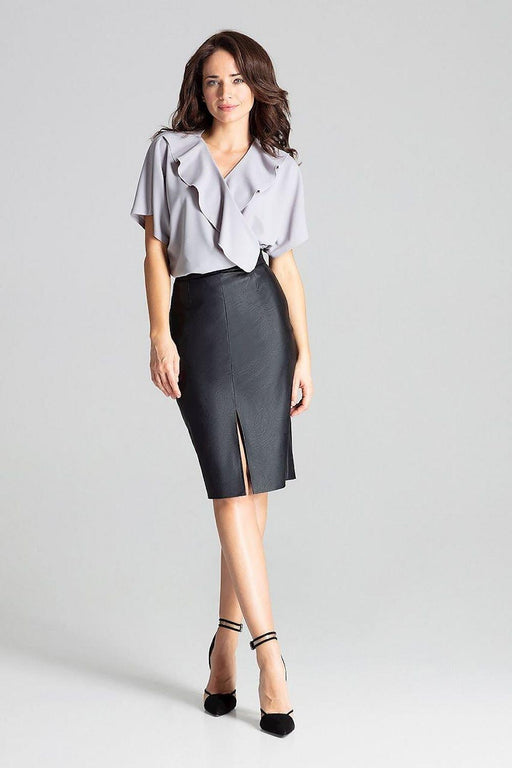 Luxurious Black Eco-Leather Midi Pencil Skirt with Chic Clasp