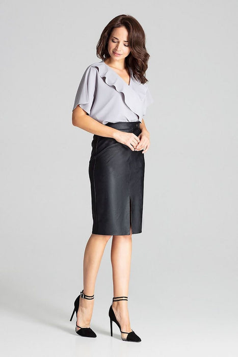 Chic Eco-Leather Midi Pencil Skirt with Elegant Front Clasp