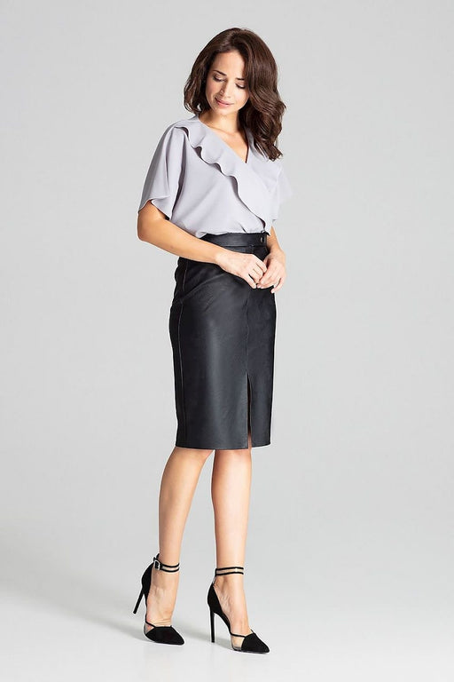 Luxurious Black Eco-Leather Midi Pencil Skirt with Chic Clasp