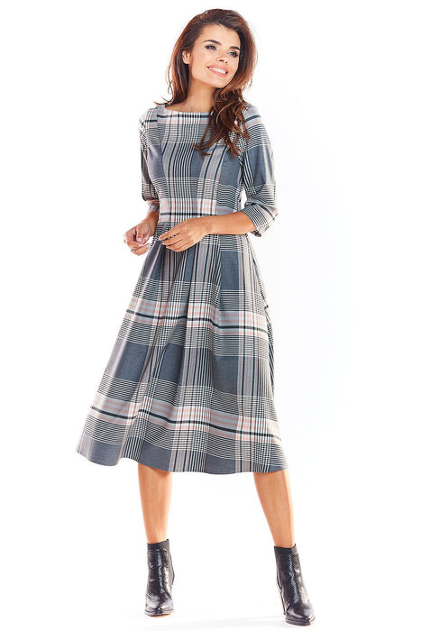 Elegant Checked Flare Midi Dress