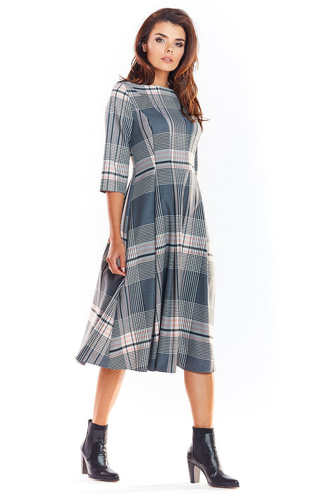 Elegant Checked Flare Midi Dress