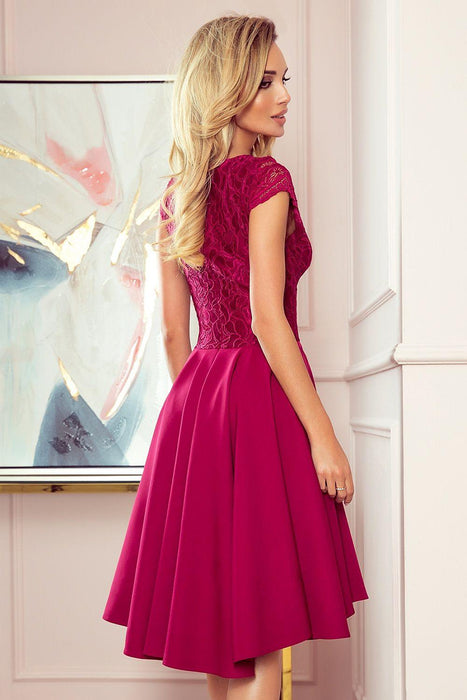 Raspberry Elegance Asymmetrical Lace Evening Dress by Numoco