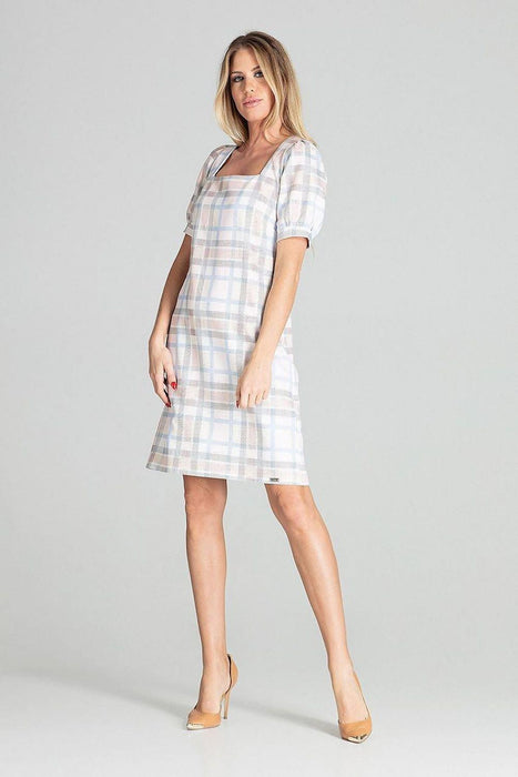 Checkered Spring Midi Dress with Puff Sleeves and Square Neck Design