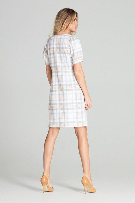 Checkered Spring Midi Dress with Puff Sleeves and Square Neck Design