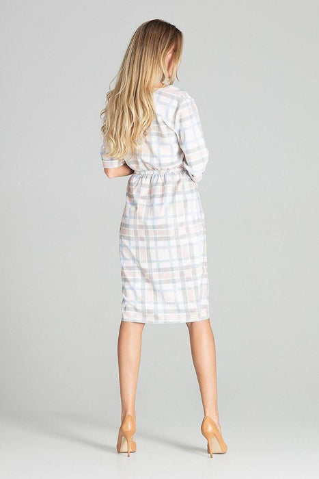 Checkered Midi Dress with 3/4 Sleeves and Elastic Waistband for Spring