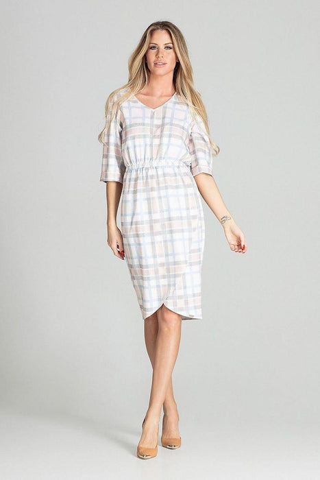 Checkered Midi Dress with 3/4 Sleeves and Elastic Waistband for Spring